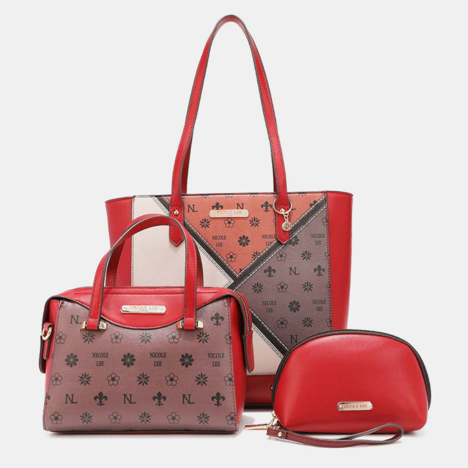 Nicole Lee USA 3-Piece Color Block Handbag Set  Trendsi RED  