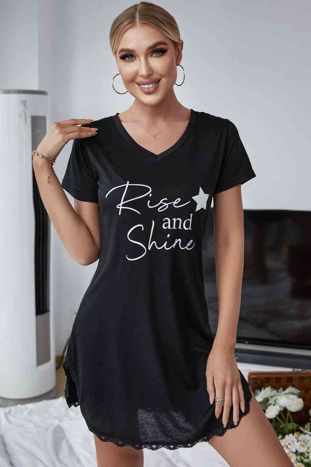 RISE AND SHINE Contrast Lace V-Neck T-Shirt Dress  Jassorted Black S 