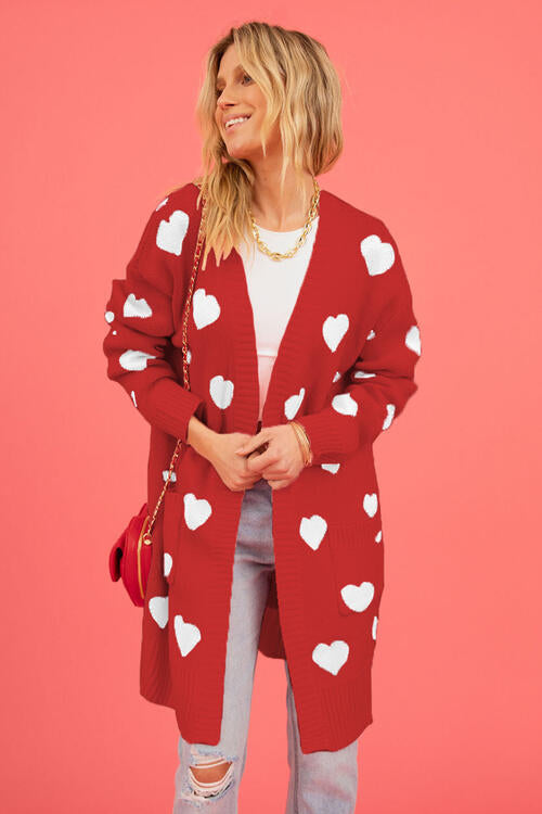 Heart Graphic Open Front Cardigan with Pockets  Trendsi   