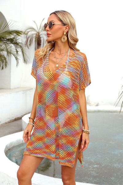 Openwork Contrast Short Sleeve Cover-Up  Trendsi   