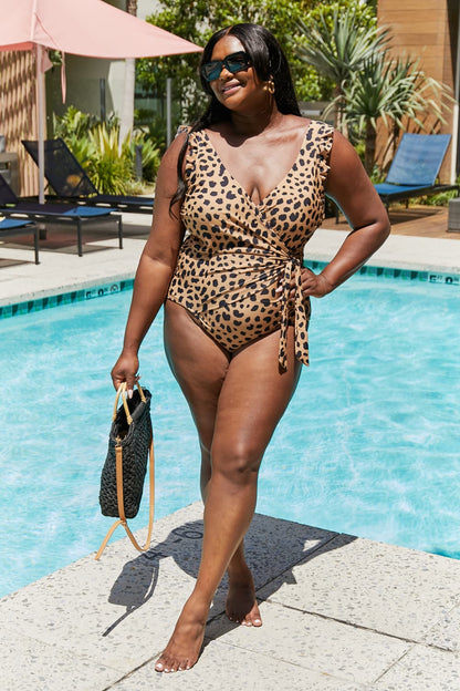 Ruffle Faux Wrap One-Piece in Leopard  Trendsi   