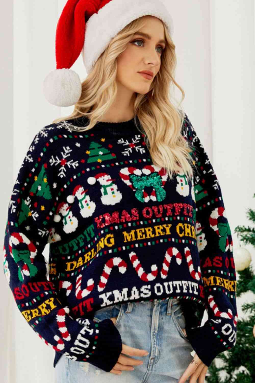 Christmas Print Crewneck Dropped Shoulder Sweater  Jassorted   