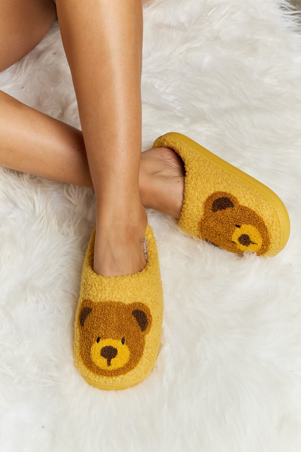 Teddy Bear Print Plush Slide Slippers  Trendsi Mustard S 