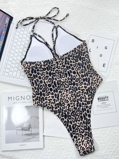 Leopard Cutout Halter Neck One-Piece  Trendsi   