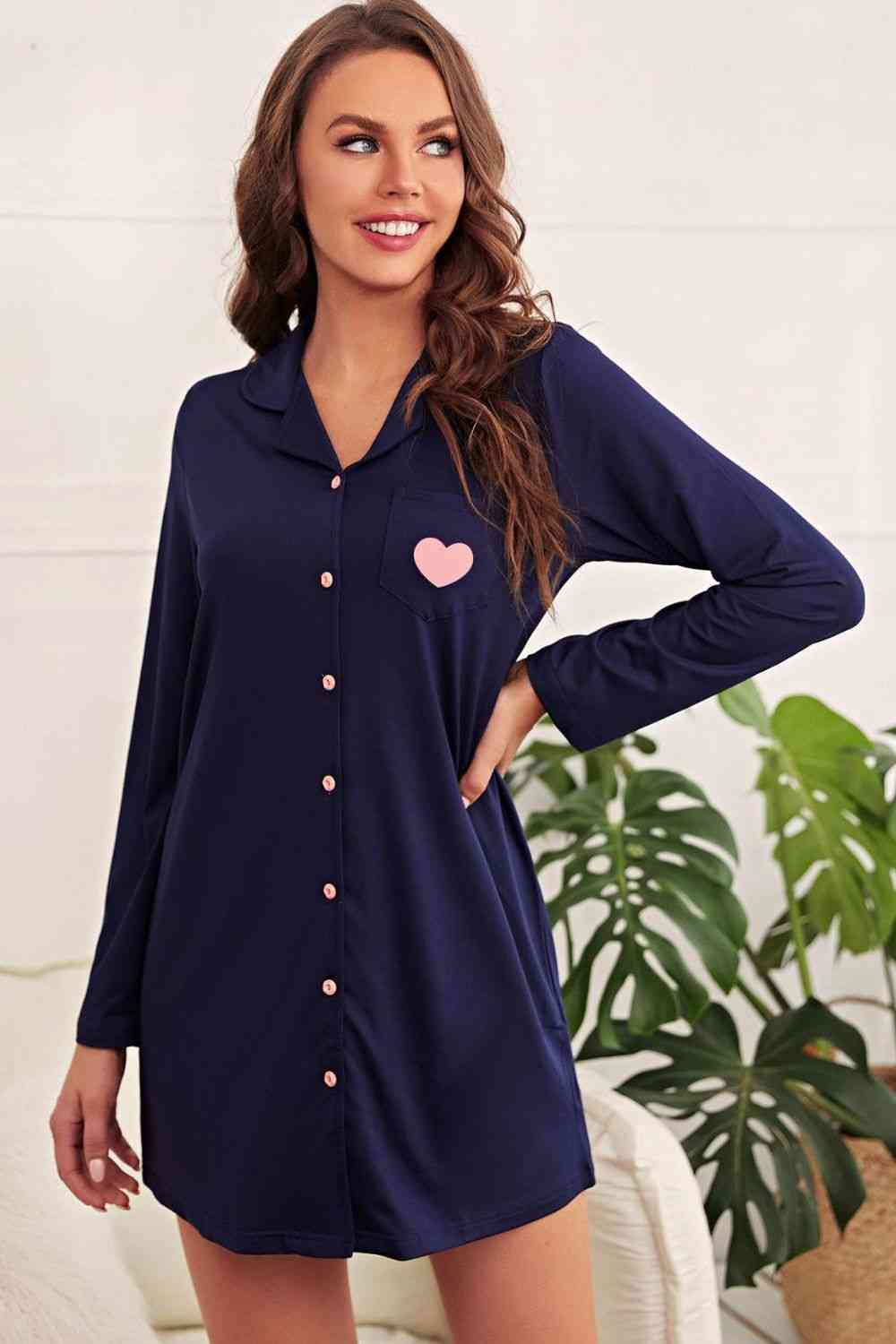 Heart Graphic Lapel Collar Night Shirt Dress  Jassorted Navy S 