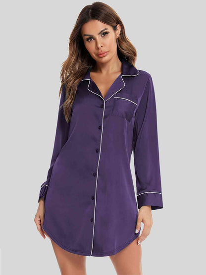 Button Up Lapel Collar Night Dress with Pocket  Jassorted Violet S 