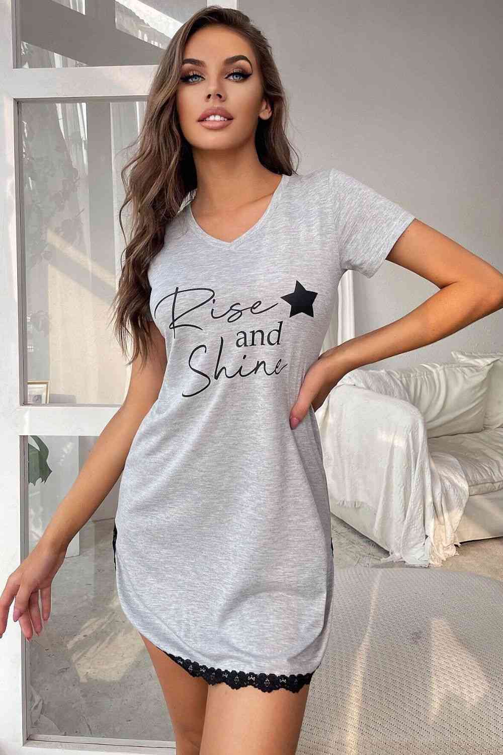 RISE AND SHINE Contrast Lace V-Neck T-Shirt Dress  Jassorted Gray S 