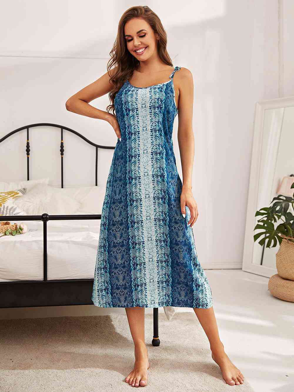 Printed Tie Shoulder Midi Night Dress  Jassorted   