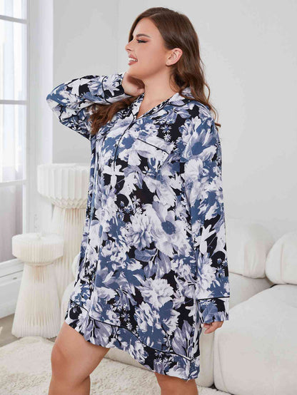 Plus Size Floral Lapel Collar Long Sleeve Night Dress  Jassorted   